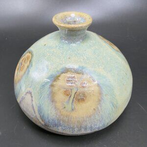 Hand Made Stoneware Pottery Bud Vase Round Bottom Artist Signed Vase Vessel VTG